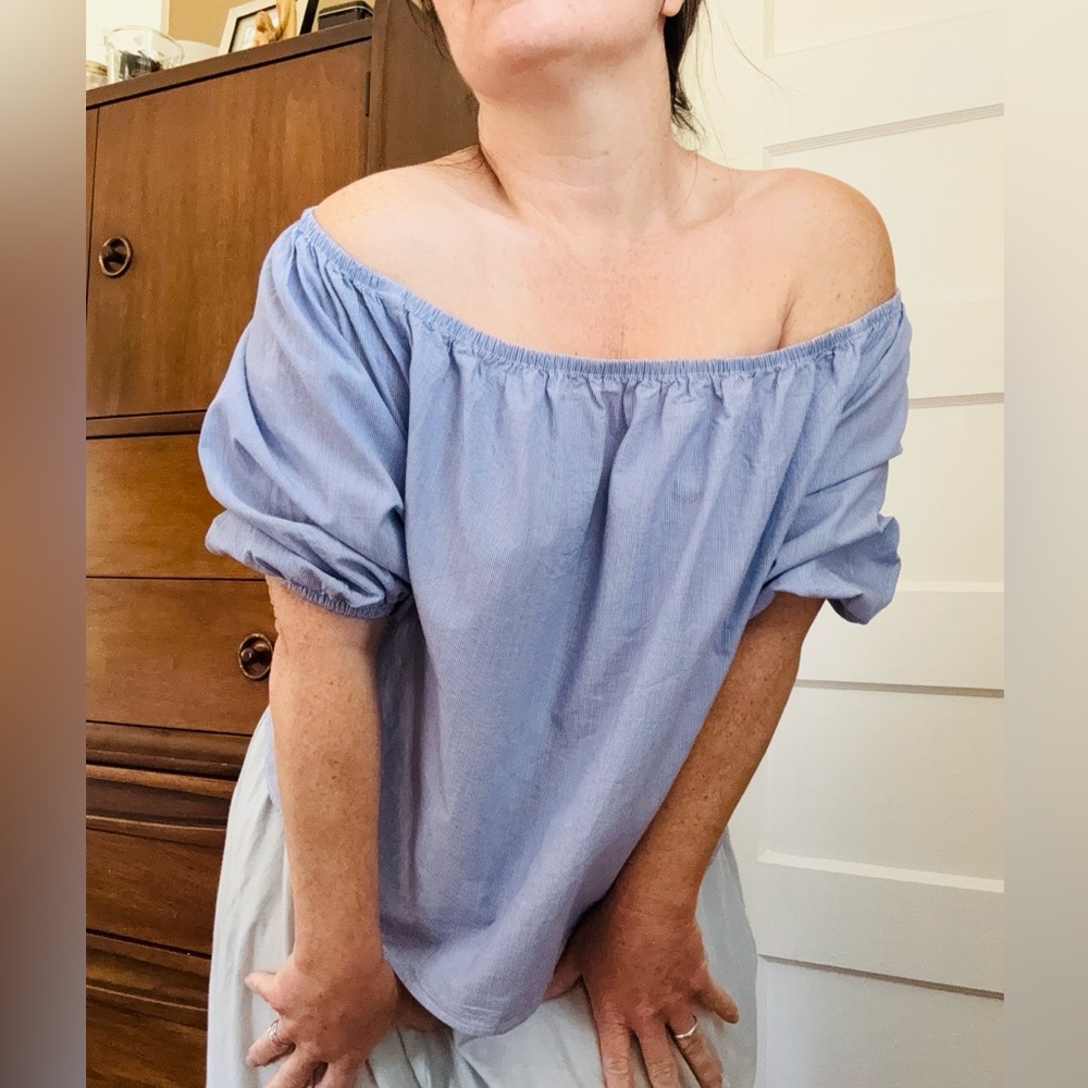 Maeve Puff Sleeve Blue White Pinstripe Blouse